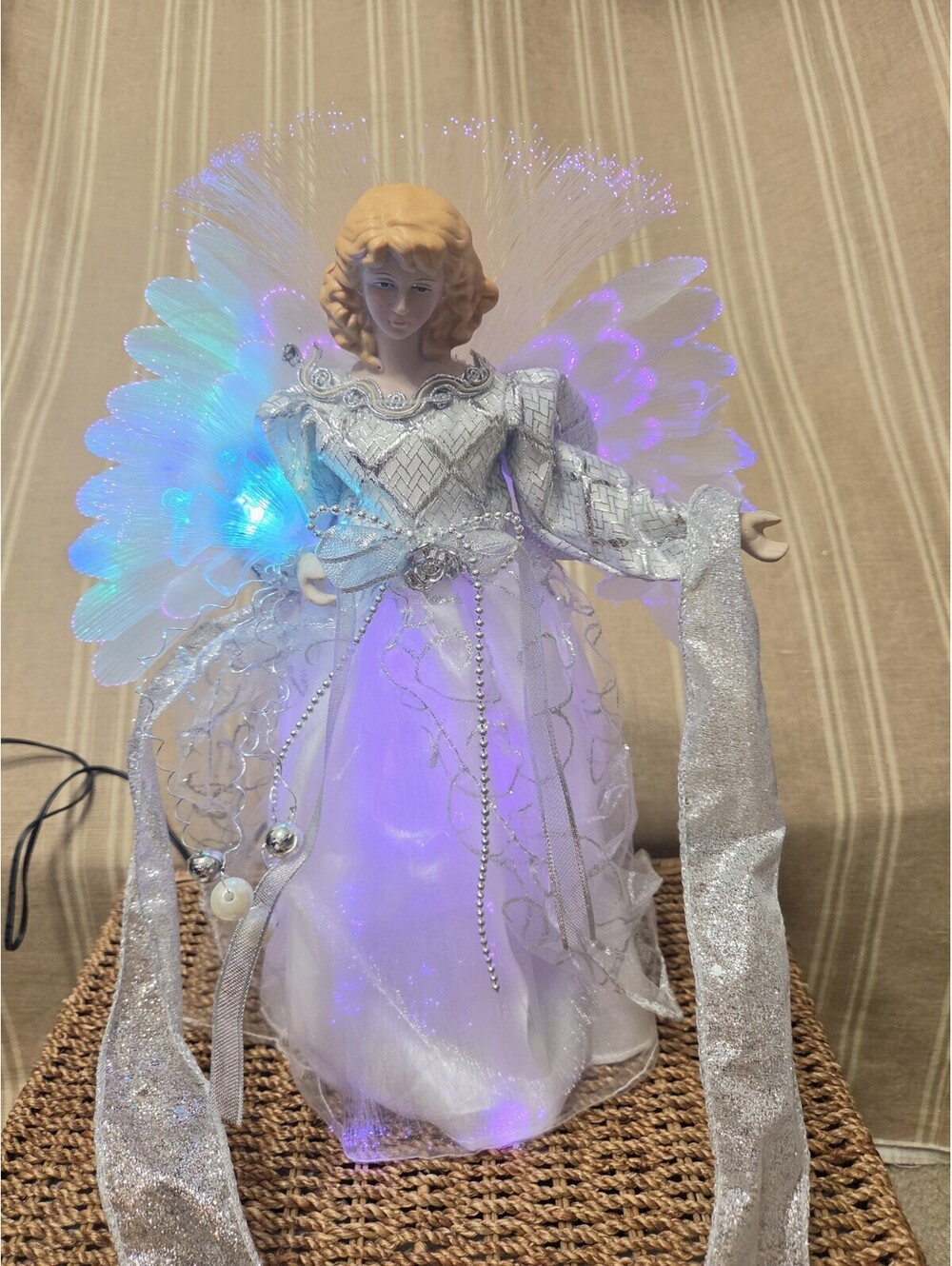 Kurt Adler 12" Fiber Optic Angel Tree Topper Silver White LED Color Changing